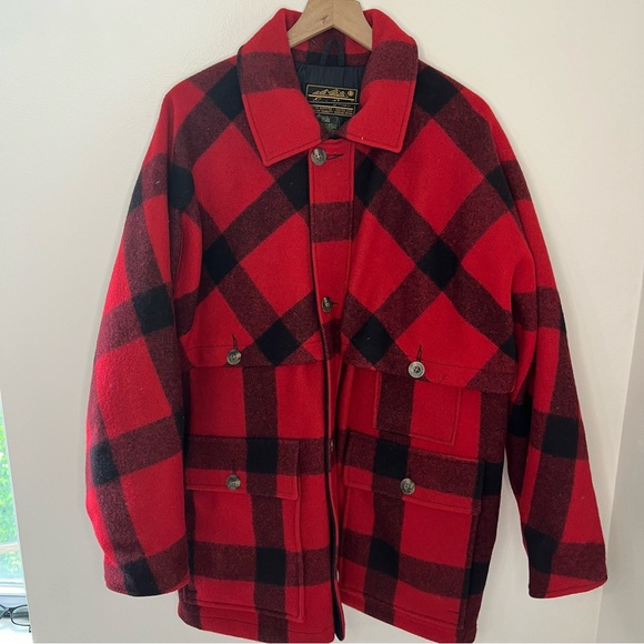 Vintage Eddie Bauer Wool Goose Down Men Medium Coat Buffalo Plaid Hunting Coat